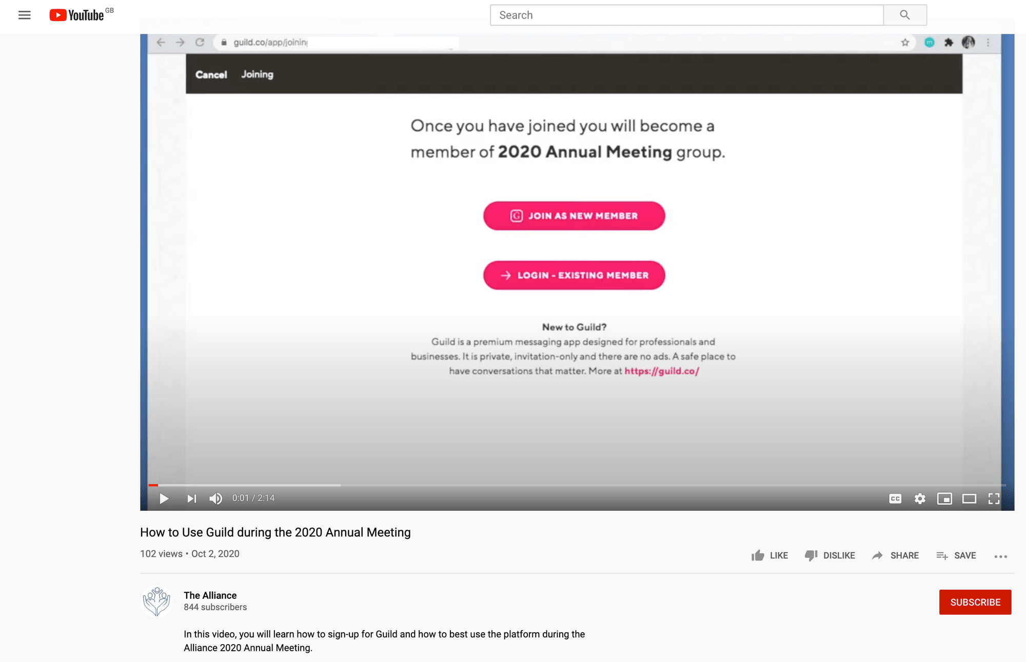 The Alliance using YouTube for member onboarding on Guild