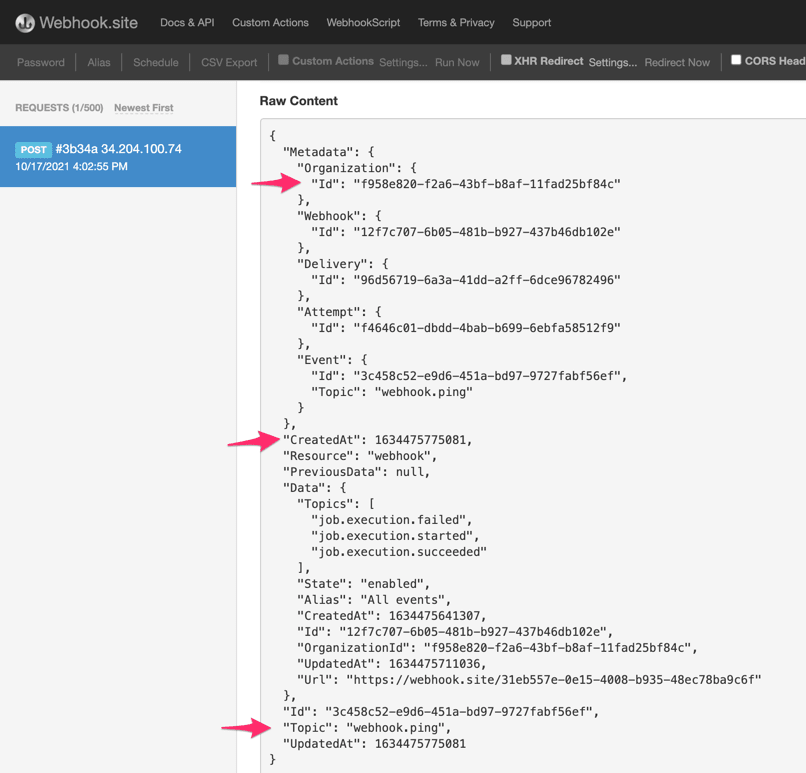 Ping Webhook payload example