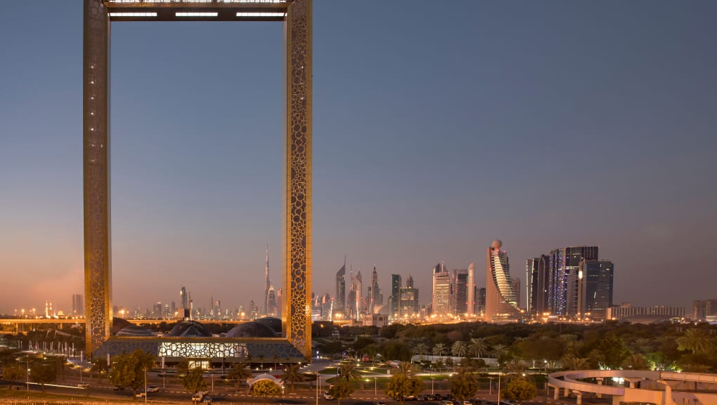 Exterior view at dusk of the Dubai Frame