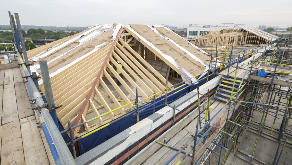 Exterior view of the roof being constructed at the Hoover Building