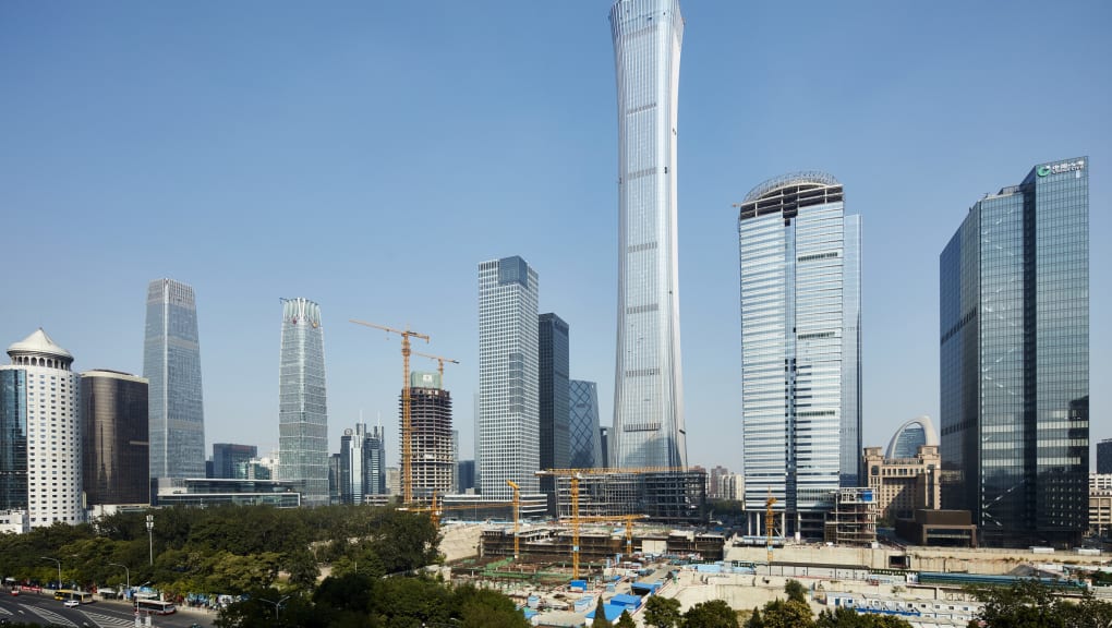 Wide angle view of the construction site in front of the CITIC Tower in Beijing