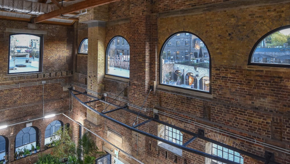 Upper level view inside the Coal Drops Yard in London