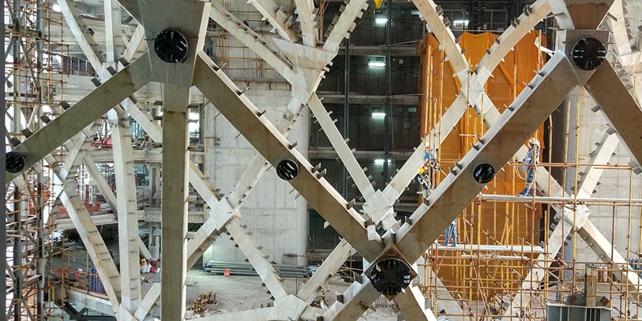 Exterior construction view of metal work of the Morpheus Hotel