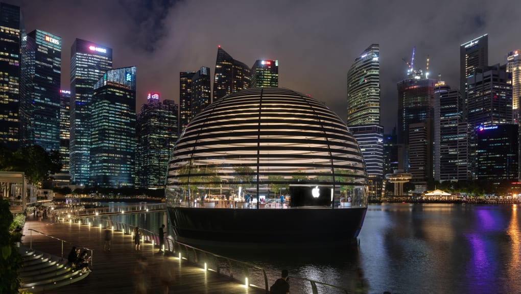 Exterior view of the Apple Marina Bay Sands project at night