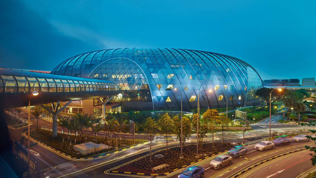 Exterior view of the Jewel Changi Airport at dusk