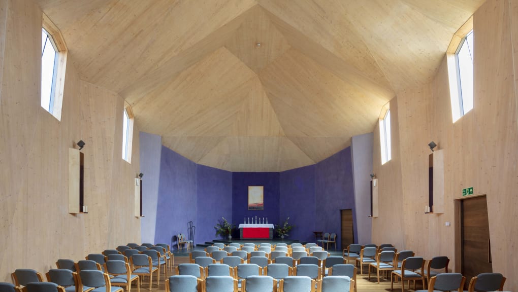 Interior view of seating in the Stroud Christian community chapel