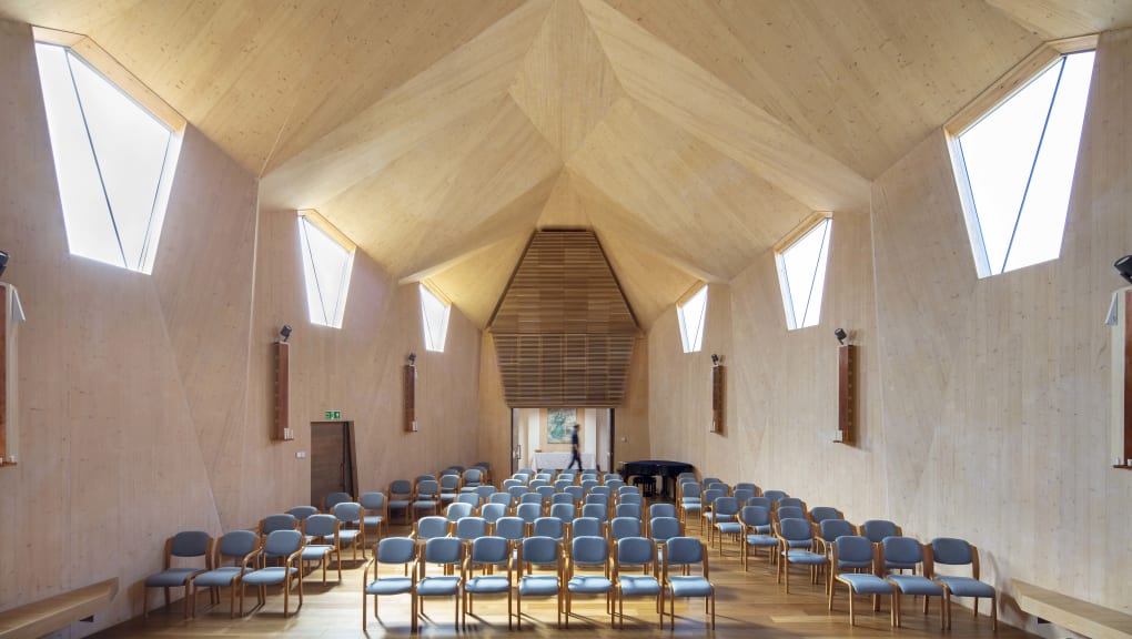 Interior narrow view seating in the Stroud Christian community chapel