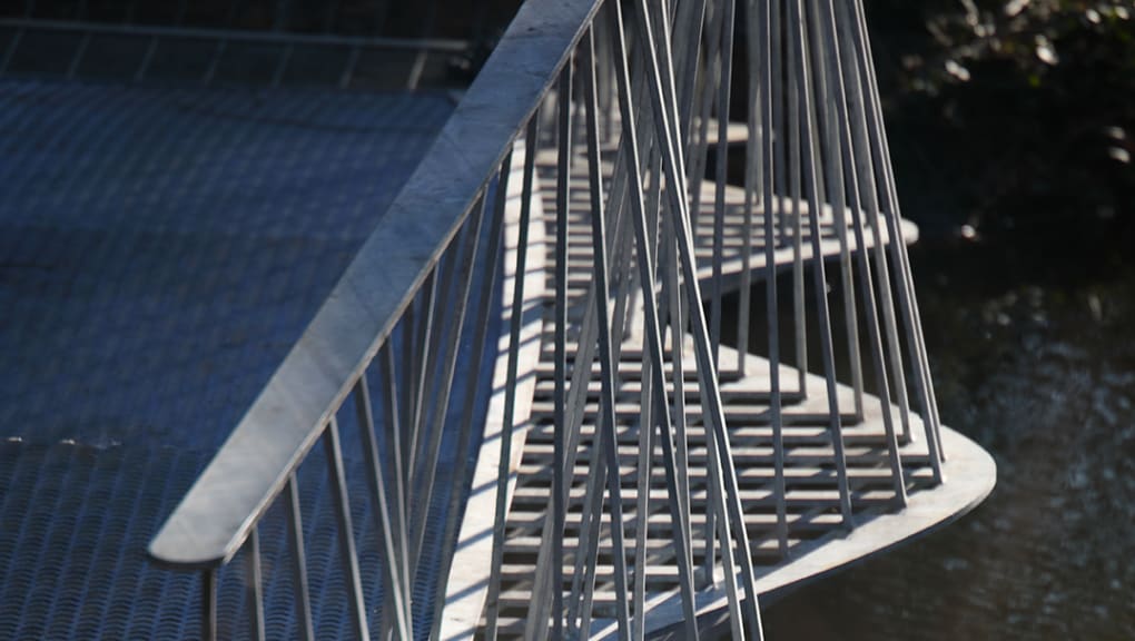 Close up aerial view of the swing bridge in Crystal Palace park