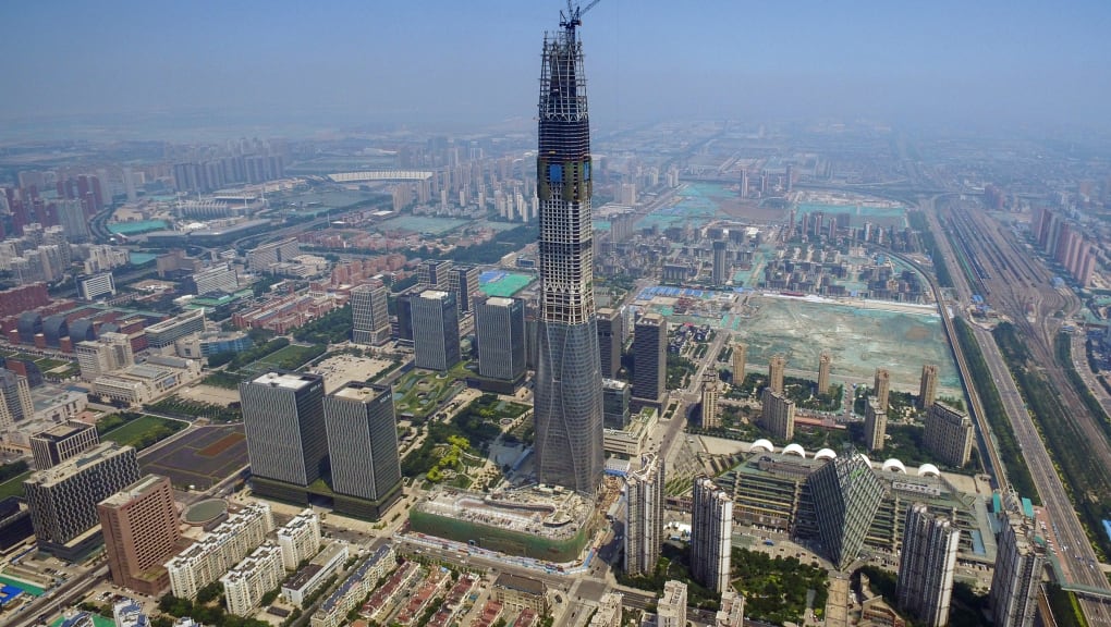 Wide angle aerial view of the construction of the Tianjin CTF Finance Center