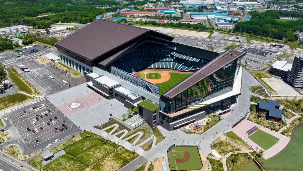 Aerial view when the retractable roof is opened at ES CON Field Hokkaido