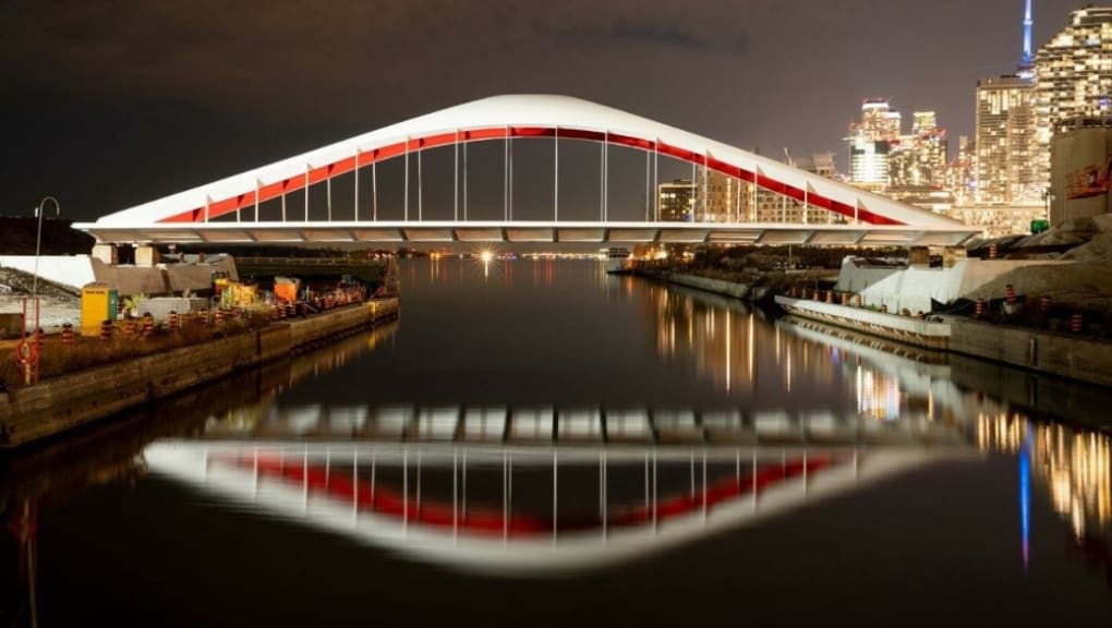 Night view of Port Lands Bridges. Copyright Waterfront Toronto, Vid Ingelevics, Ryan Walker, 2023