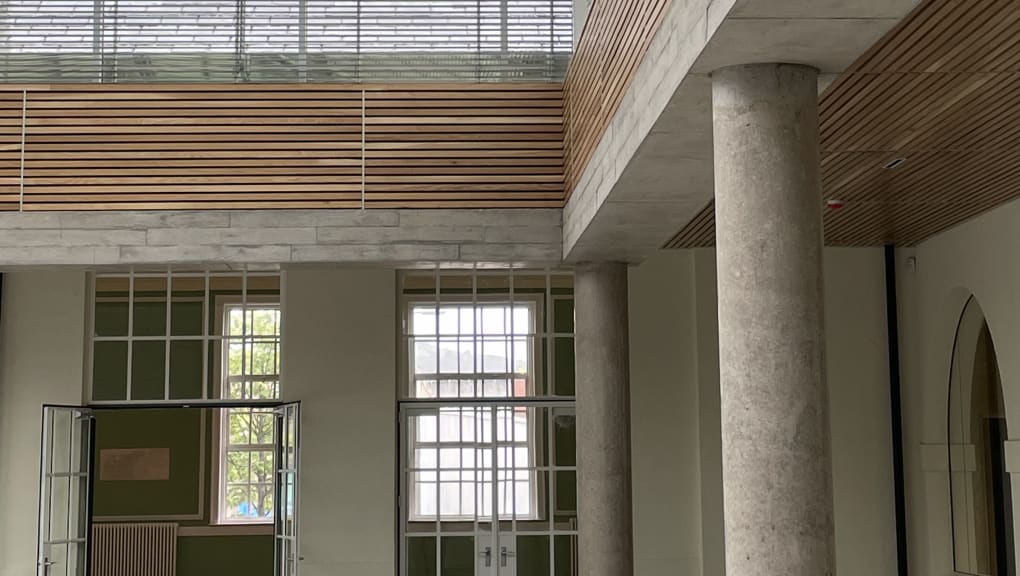 Atrium roof structure view of St Comgall’s Community Hub