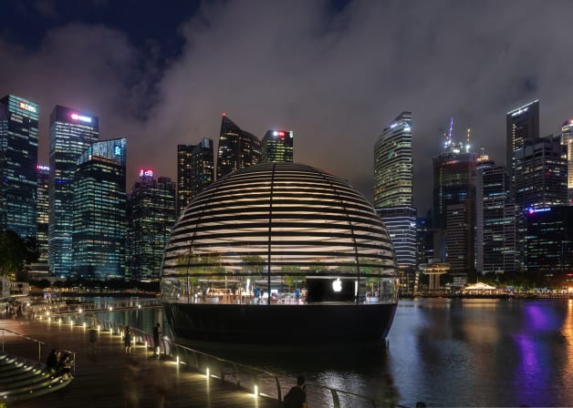 Exterior view of the Apple Marina Bay Sands project at night