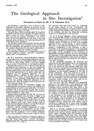 The Geological Approach to Site Investigation. Discussion on Paper by Mr. F. H. Edmunds, M.A.