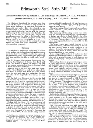 Brinsworth Steel Strip Mill Discussion on the Paper by Donovan H. Lee, BSc. (Eng.) , M.I.Struct.E., 
