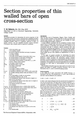 Section Properties of Thin Walled Bars of Open Cross-Section