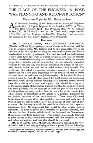 The Place of the Engineer in Post-War Planning and Reconstruction. Discussion Paper by Mr. Harry Jac