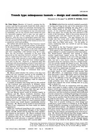 Trench Type Subaqueous Tunnels - Design and Construction. Discussion on the paper by John O. Bickel 