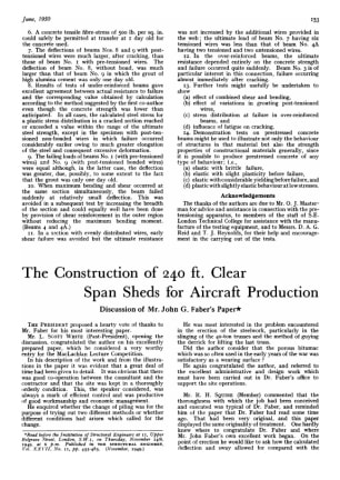 The Construction of 240 ft. Clear Span Sheds for Aircraft Production Discussion of Mr. John G. Faber