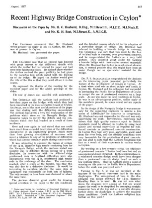 Recent Highway Bridge Construction in Ceylon Discussion on the Paper by Mr. H. C. Husband and Mr. K.