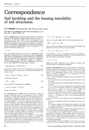 Correspondence on Soil Buckling and the Leaning Instability of Tall Structures by E.C. Hambly