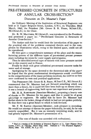 Pre-Stressed Concrete in Structures of Annular Cross-Section. Discussion on Dr. Mautner's Paper