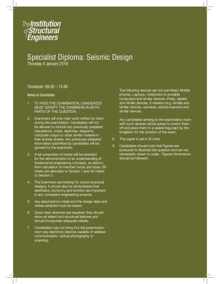 Specialist Diploma Seismic Design Exam Paper January 2018 The