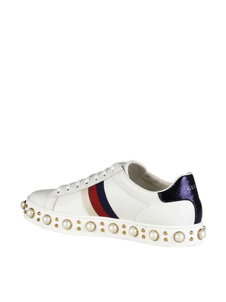 GUCCI New Ace Faux-Pearl Embellished Leather Trainers in White Multi ...