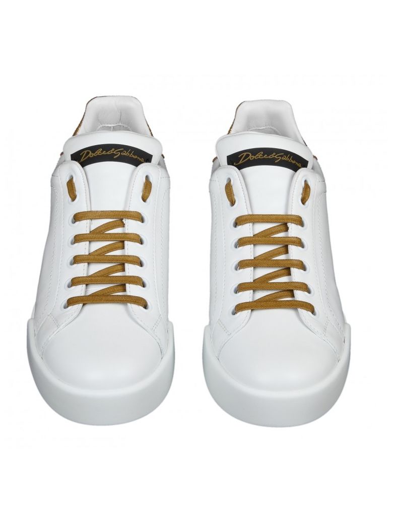 DOLCE & GABBANA White Leather Sneakers, White / Gold | ModeSens