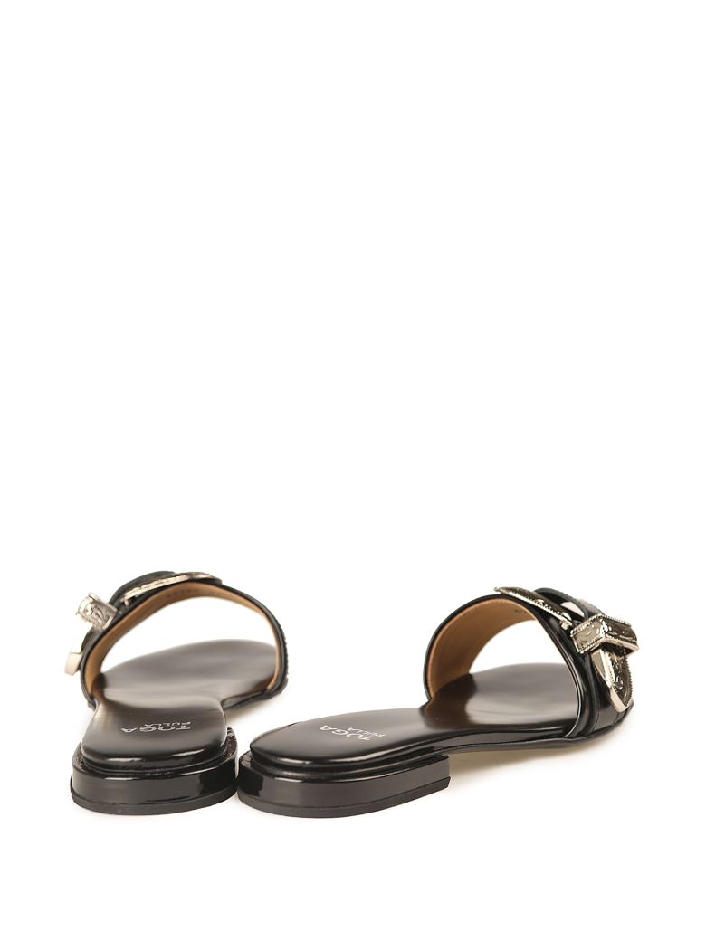buckled leather slides