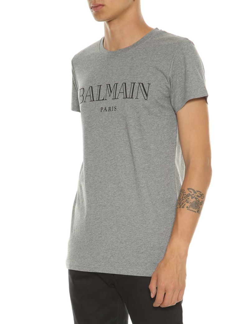 BALMAIN Logo-Print Cotton-Jersey T-Shirt in Grey | ModeSens