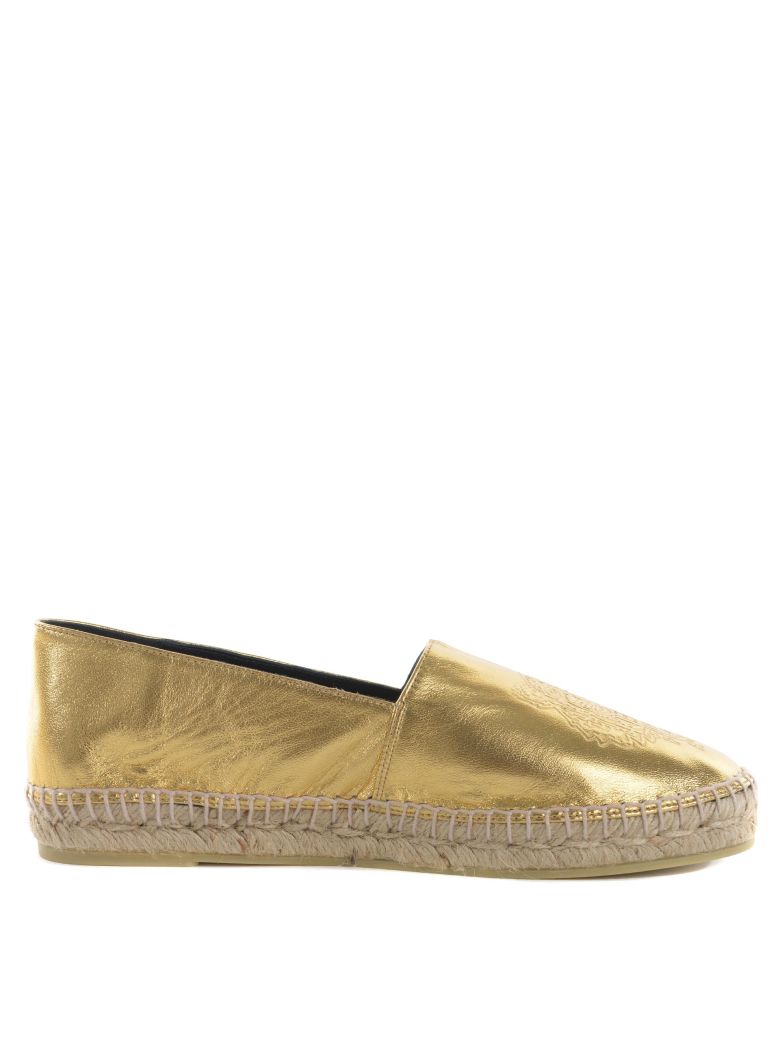KENZO Tiger-Embroidered Metallic-Leather Espadrilles in Gold | ModeSens