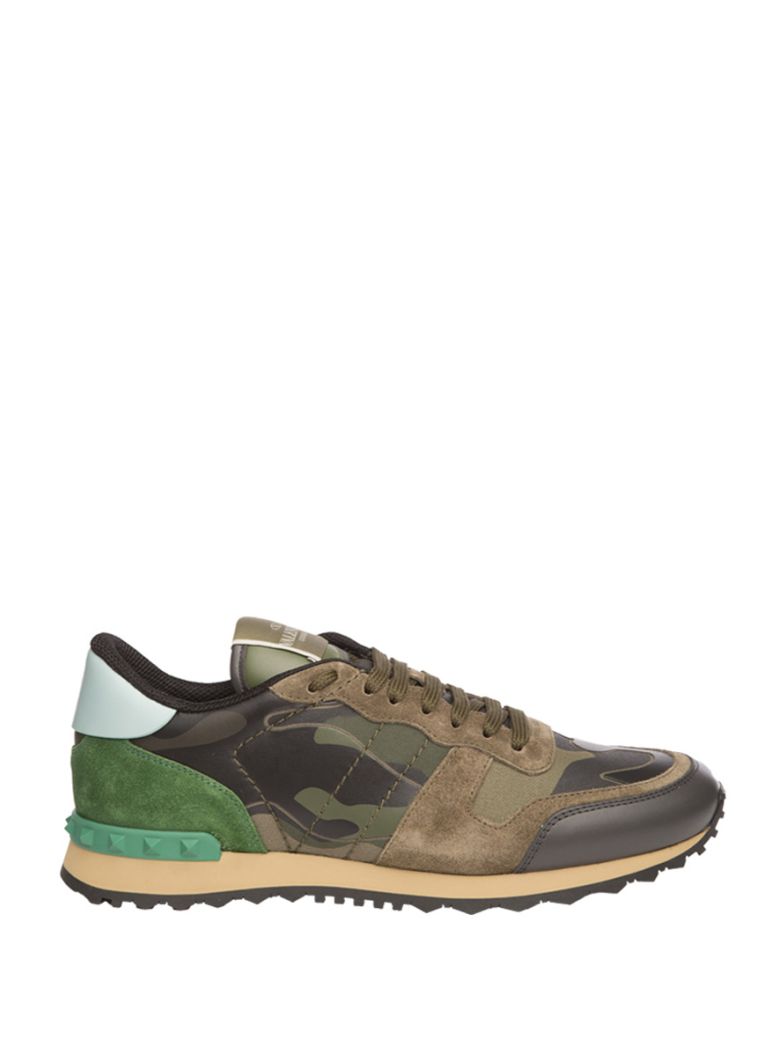 VALENTINO Rockrunner Leather And Suede Low-Top Trainers in Green | ModeSens