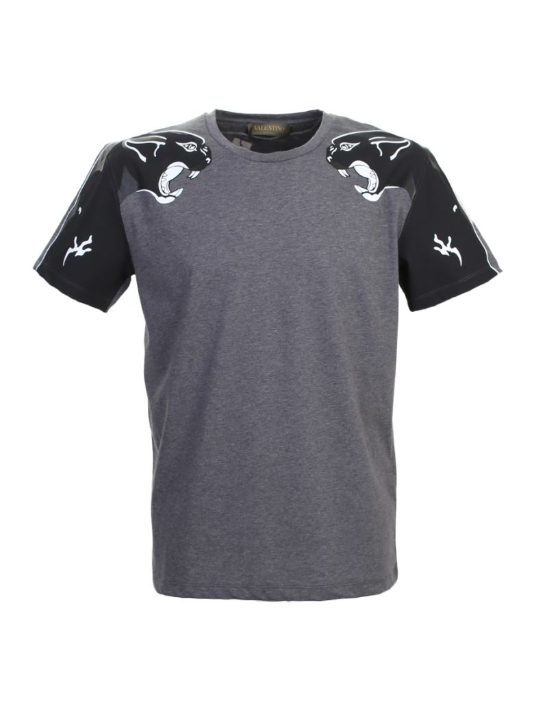 Valentino Panther Printed Grey Cotton T-Shirt | ModeSens