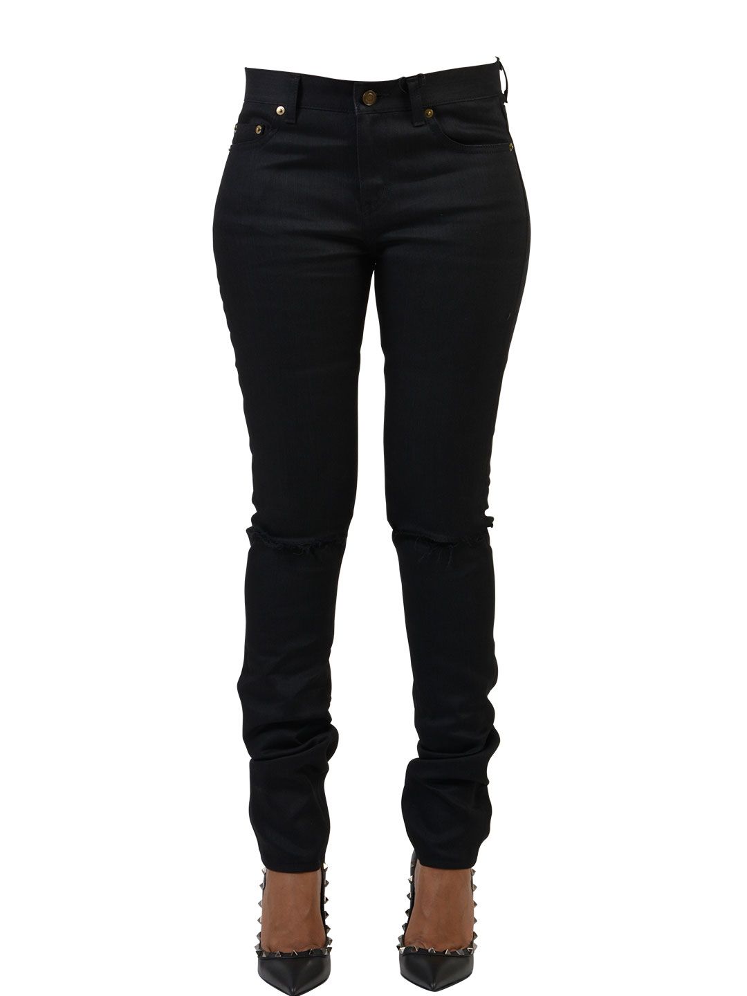 SAINT LAURENT Ripped Skinny Jeans in Black | ModeSens