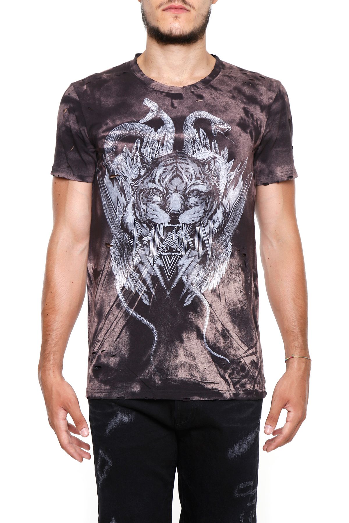 BALMAIN Printed Cotton T-Shirt With Distressed Detail in Black | ModeSens