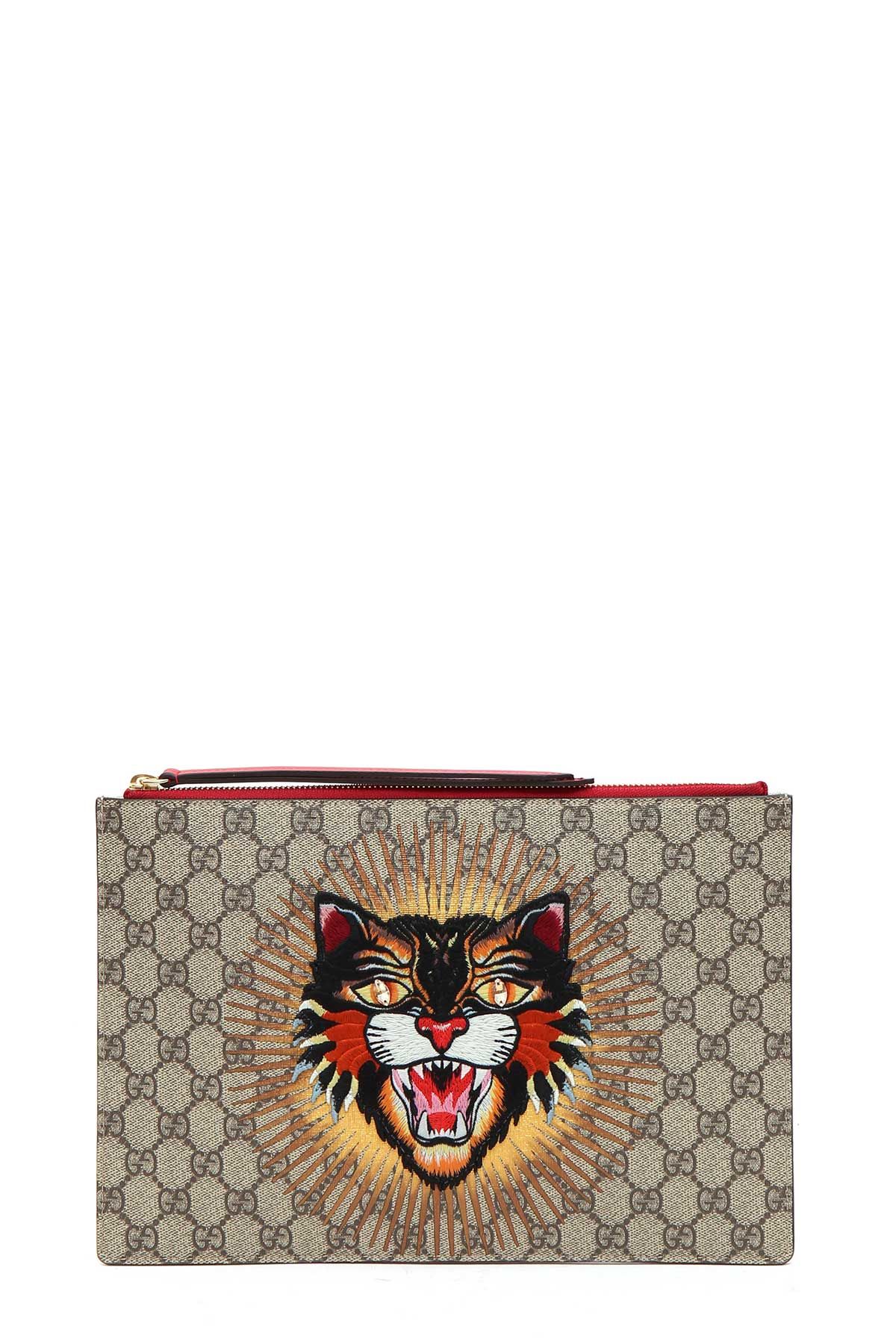 GUCCI Sequin Angry Cat Gg Supreme Pouch in Beige-Multi | ModeSens