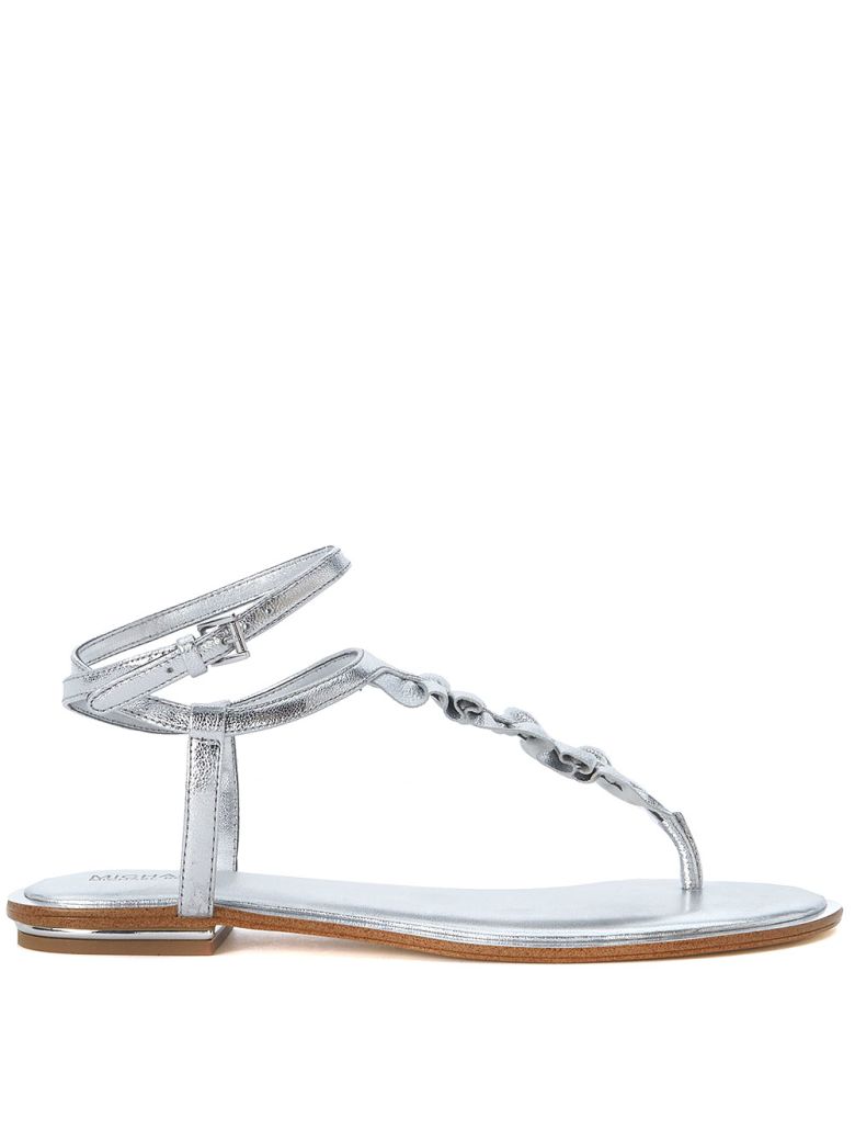 MICHAEL KORS BELLA SILVER LEATHER THONG SANDALS,10597122