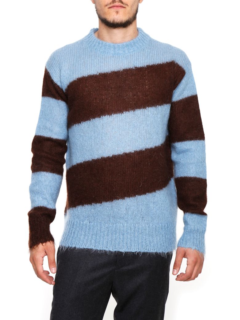 brown and blue striped sweater