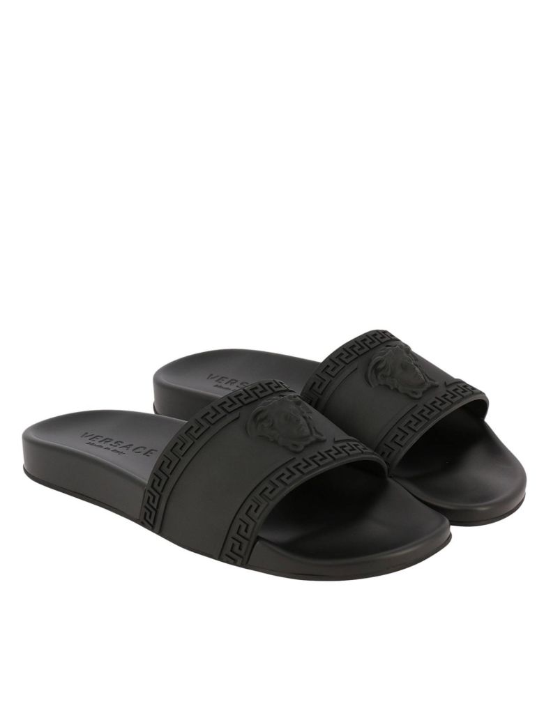 VERSACE MEN'S MEDUSA & GREEK KEY SHOWER SLIDE SANDAL, KHAKI | ModeSens