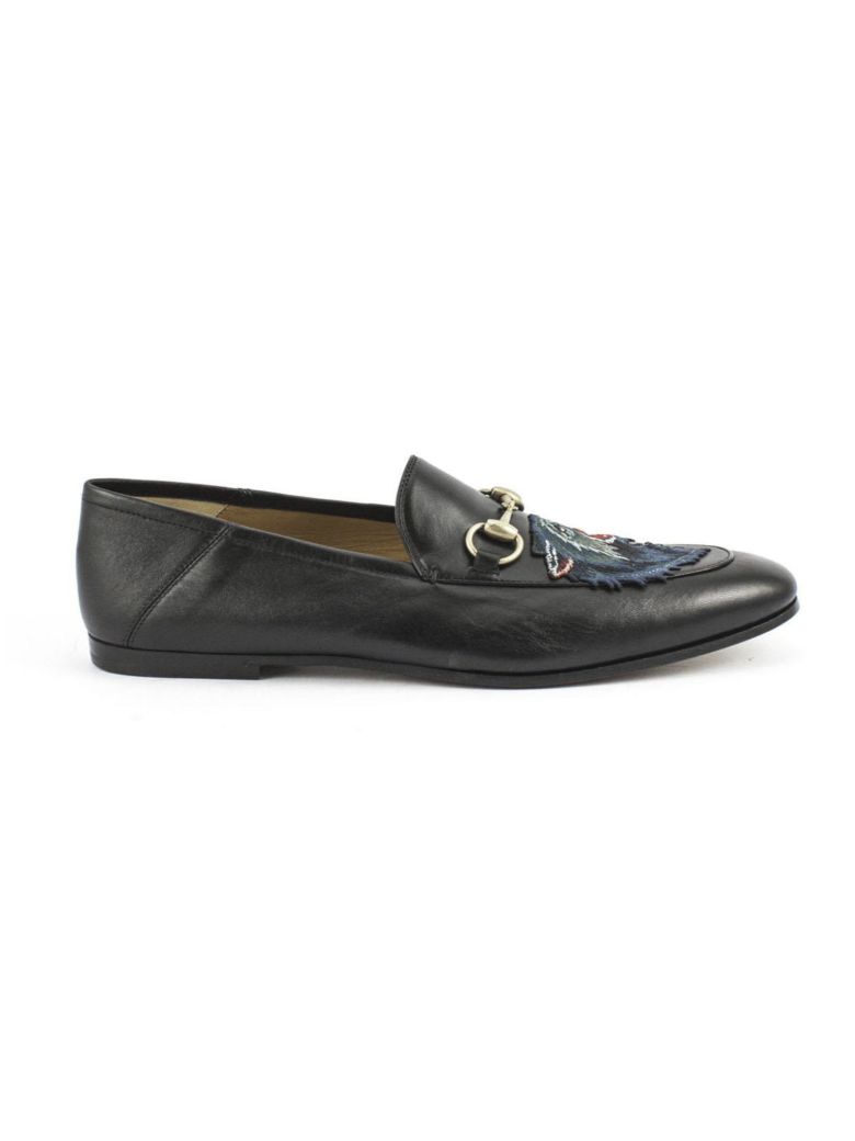 GUCCI BLACK LEATHER LOAFER WITH EMBROIDERED WOLF HEAD,10565837