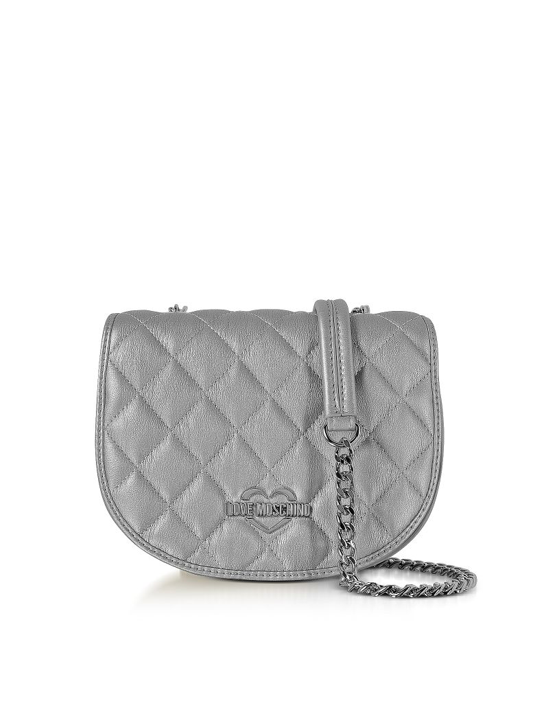 LOVE MOSCHINO SILVER METALLIC QUILTED ECO-LEATHER CROSSBODY BAG,10590544