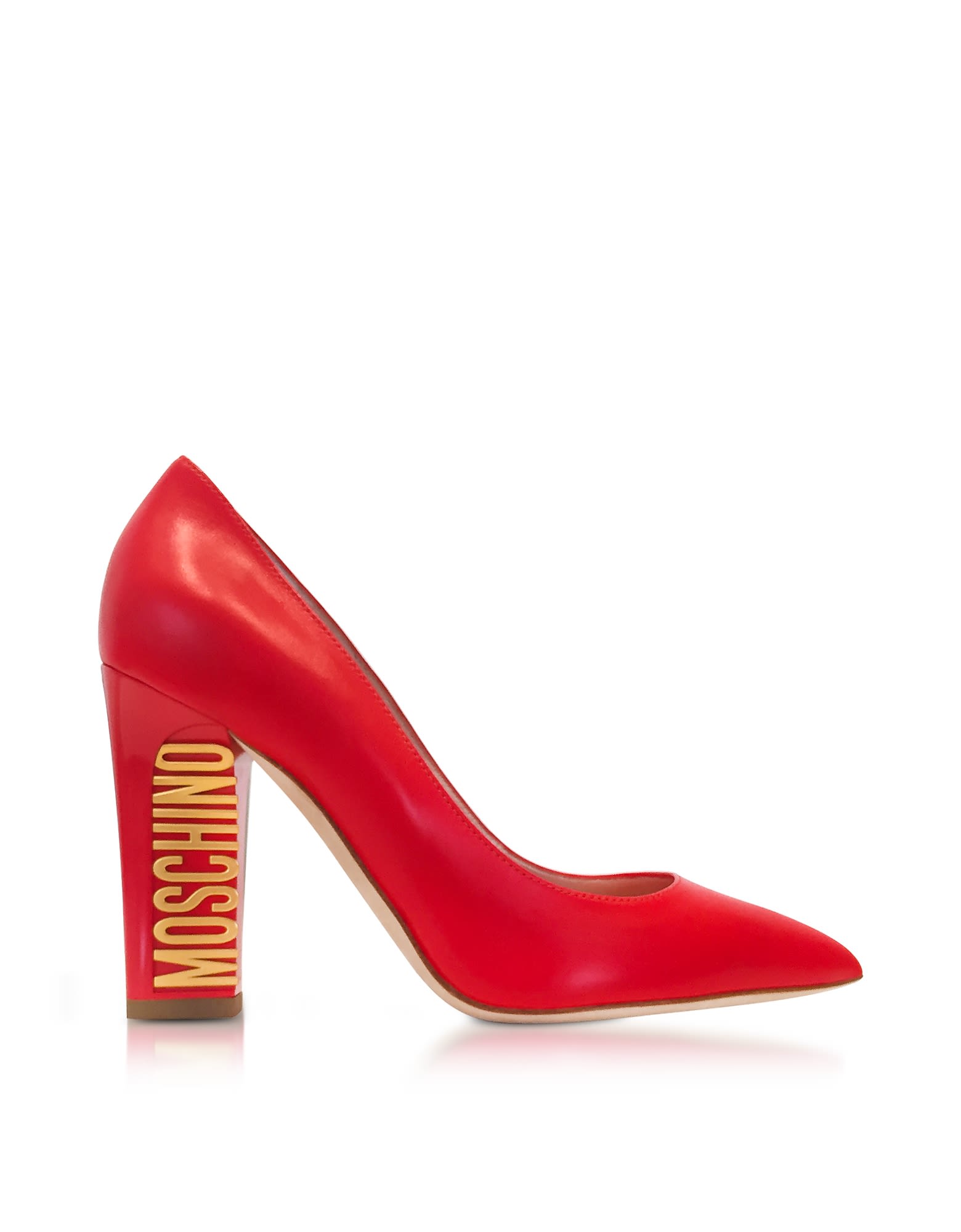 MOSCHINO GOLD TONE LOGO HEEL RED LEATHER PUMPS,10591299