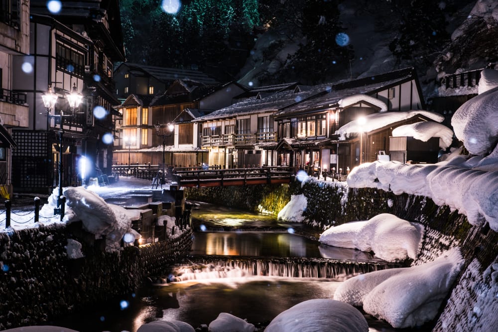Ginzan Onsen Yamagata evening street with traditional ryokan planning focus