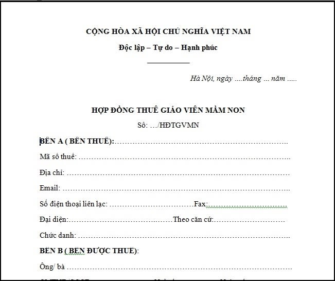 DOWNLOAD MIỄN PHÍ MẪU HỢP ĐỒNG THUÊ GIÁO VIÊN MẦM NON