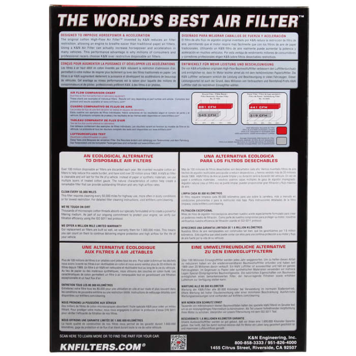 K/&N Air Filter 33-2391; Oiled Cotton Gauze 1.625