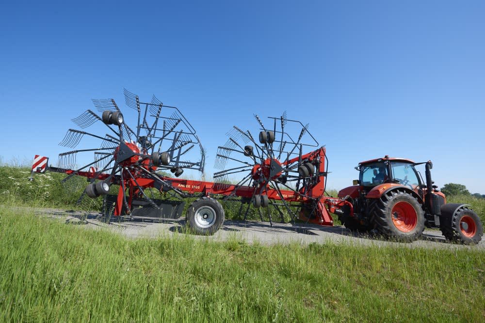 Four Rotor Rakes - VICON ANDEX 1505, folded compact for safe and efficient transport by tractor