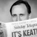 Prime Minister Paul Keating holding a copy of The Sunday Telegraph newspaper dated 14 March 1993, the day after the Australian Labor Party won the Federal Election