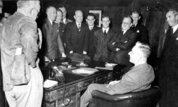 Former journalist John Curtin meets the Canberra Press Gallery (known as The Circus) c1945. Photo - John Curtin Prime Ministerial Library