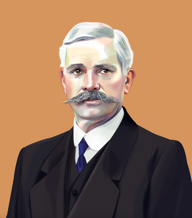 An illustrated portrait of Andrew Fisher with a moustache, a serious expression and wearing a suit looking at the camera. 